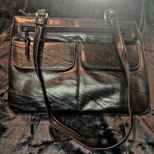 Black Leather Handbag with Compartments